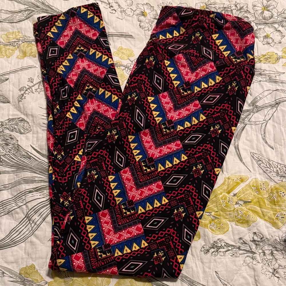 LuLaRoe Multicolor Aztec Print Leggings — Pink, Blue, Yellow, Black